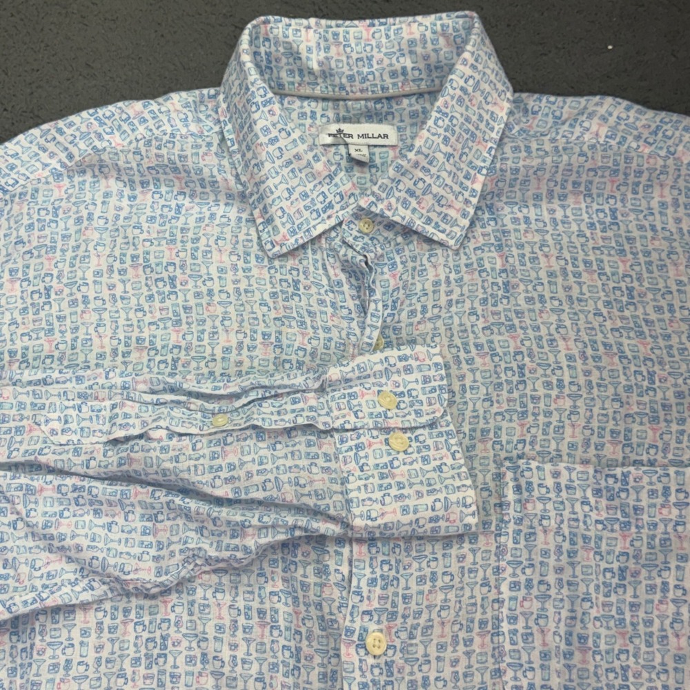 Peter Millar Button Down Shirt Mens XL Blue Cocktail Glass Print Long Sleeve